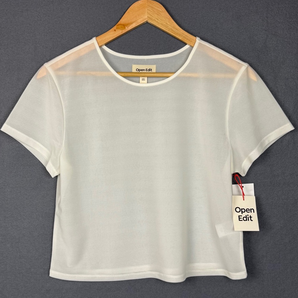 NEW Open Edit Sheer Mesh Top XL -Runs Small Cropped Ivory Minimalist Juniors Fit